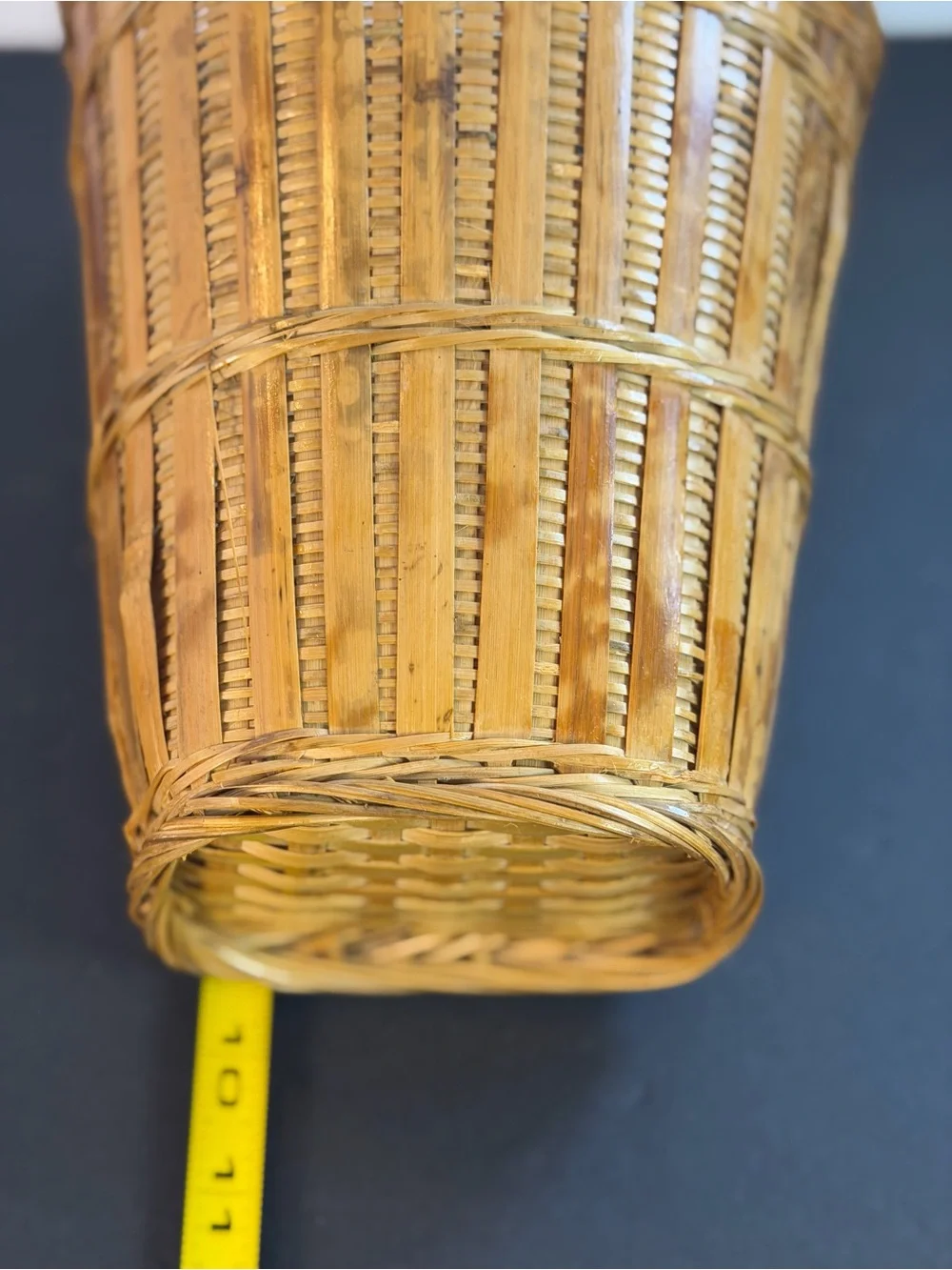 Vintage Hanging Tortoise Shell Woven Bamboo Basket Vintage 10x7in Boho Decor